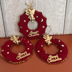 Vintage Christmas Ornament - 3 HANDMADE angel Cherub FABRIC felt WREATH 4"
